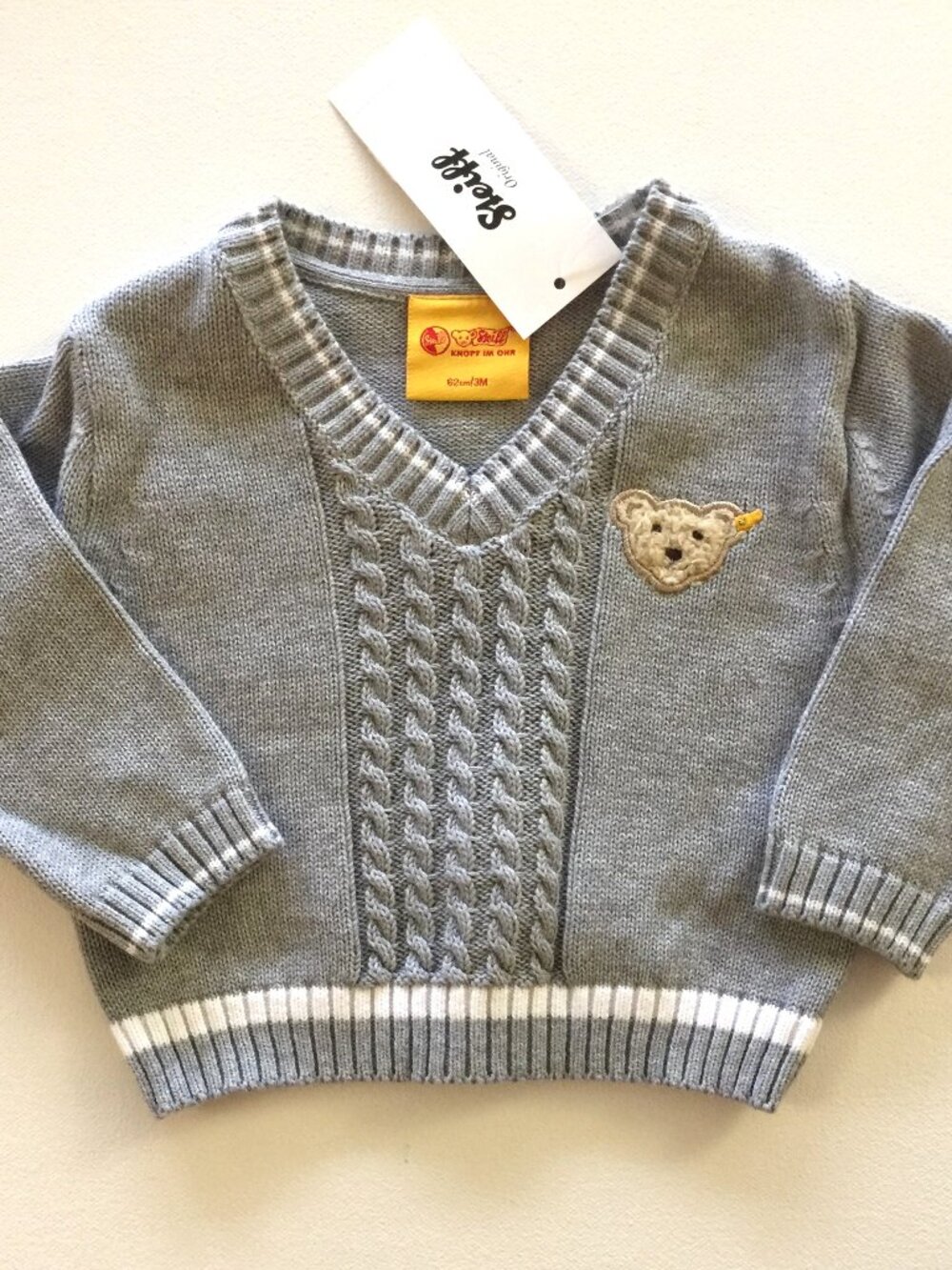 Baby V-Neck Pullover with Cable Knit detail. 3 Mos. NEW
